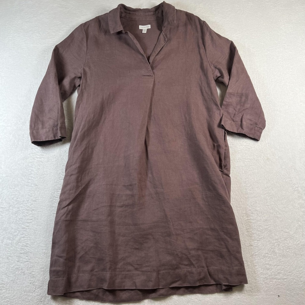Garnet Hill Dress Womens 6 Purple Linen 3/4 Sleeve Shift Knee Length Pockets